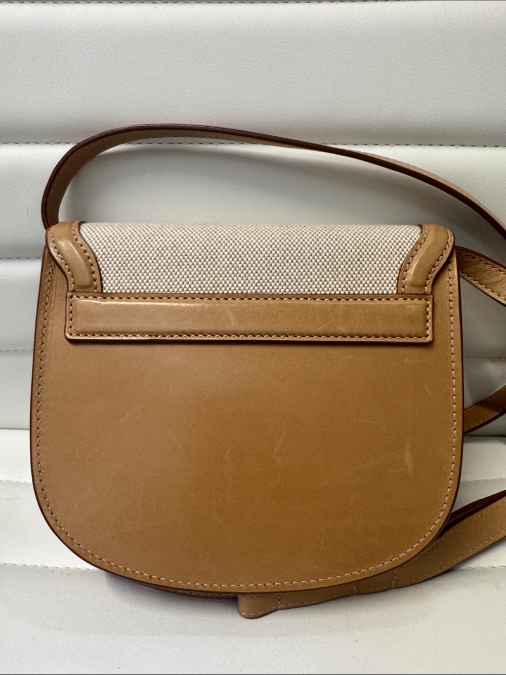 Saint Laurent Tan Leather and Cream Canvas Crossbody with Gold YSL - Picture 4 of 5